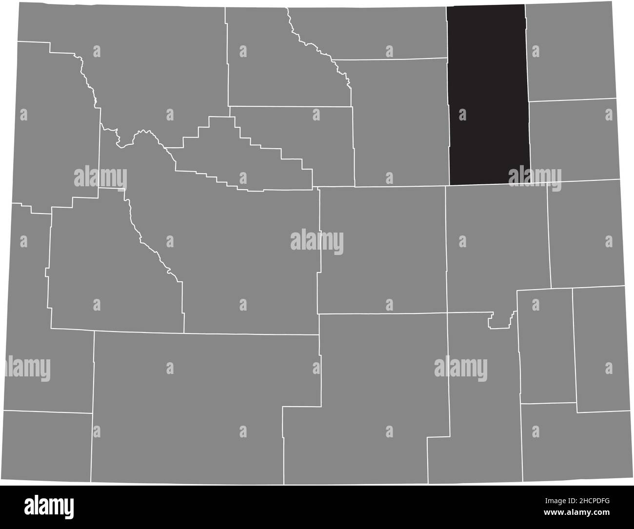 Mappa della località evidenziata in nero della contea di Campbell all'interno della mappa amministrativa grigia dello stato federale del Wyoming, USA Illustrazione Vettoriale