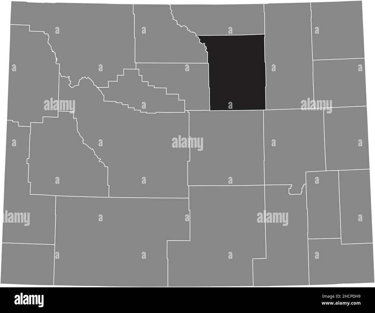 Mappa della posizione evidenziata in nero della contea di Johnson all'interno della mappa amministrativa grigia dello stato federale del Wyoming, USA Illustrazione Vettoriale