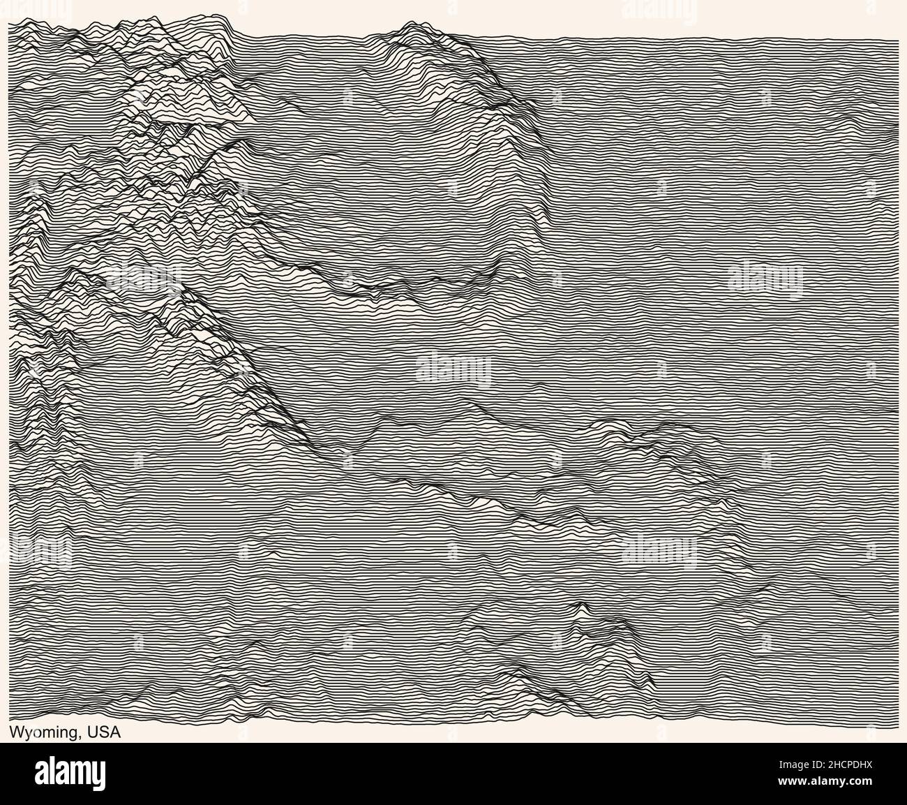 Mappa topografica del rilievo dello Stato federale del Wyoming, USA con linee di contorno nere su sfondo beige Illustrazione Vettoriale