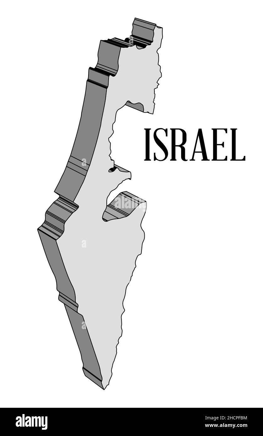 Una mappa di Israele nel 3D e un contorno nero su sfondo bianco Foto Stock