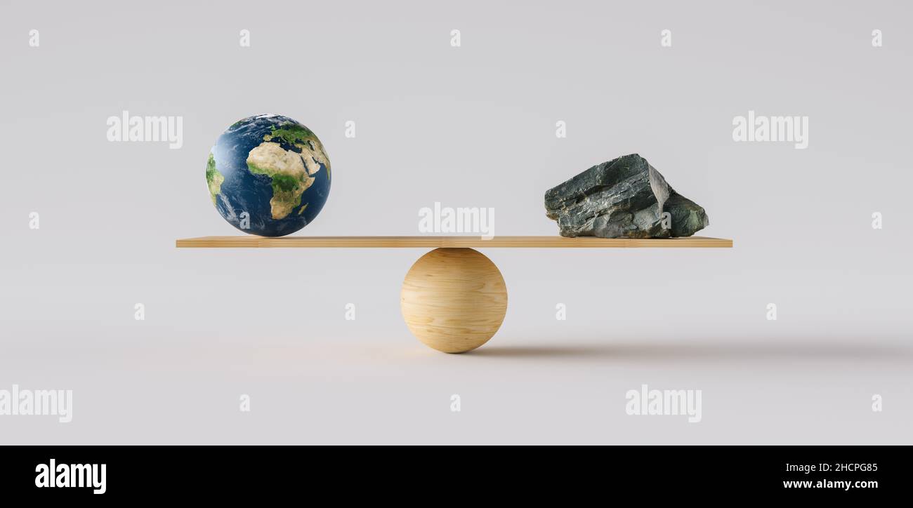 Bilancia in legno che bilancia la grande sfera di terra e la roccia. Concetto di armonia ed equilibrio Foto Stock