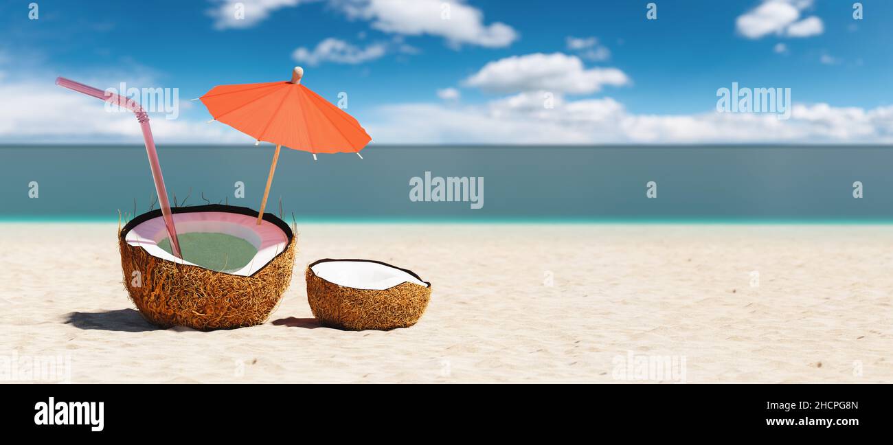 Spiaggia tropicale con frutta di cocco e ombrellone. Idea estiva minima creativa, spazio di copia per testo individuale Foto Stock