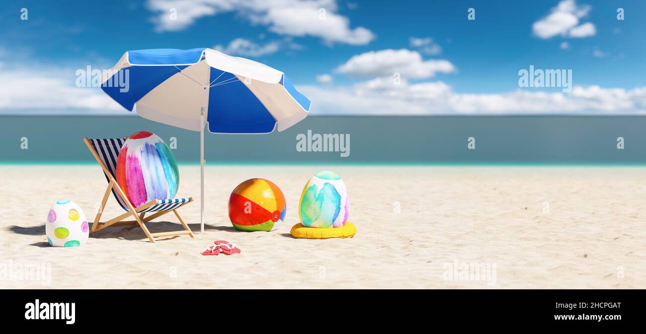 Sedia da spiaggia con le uova di pasqua colorate sandali flip-flop accanto ad un ombrello sulla spiaggia durante una vacanza di pasqua nei Caraibi Foto Stock