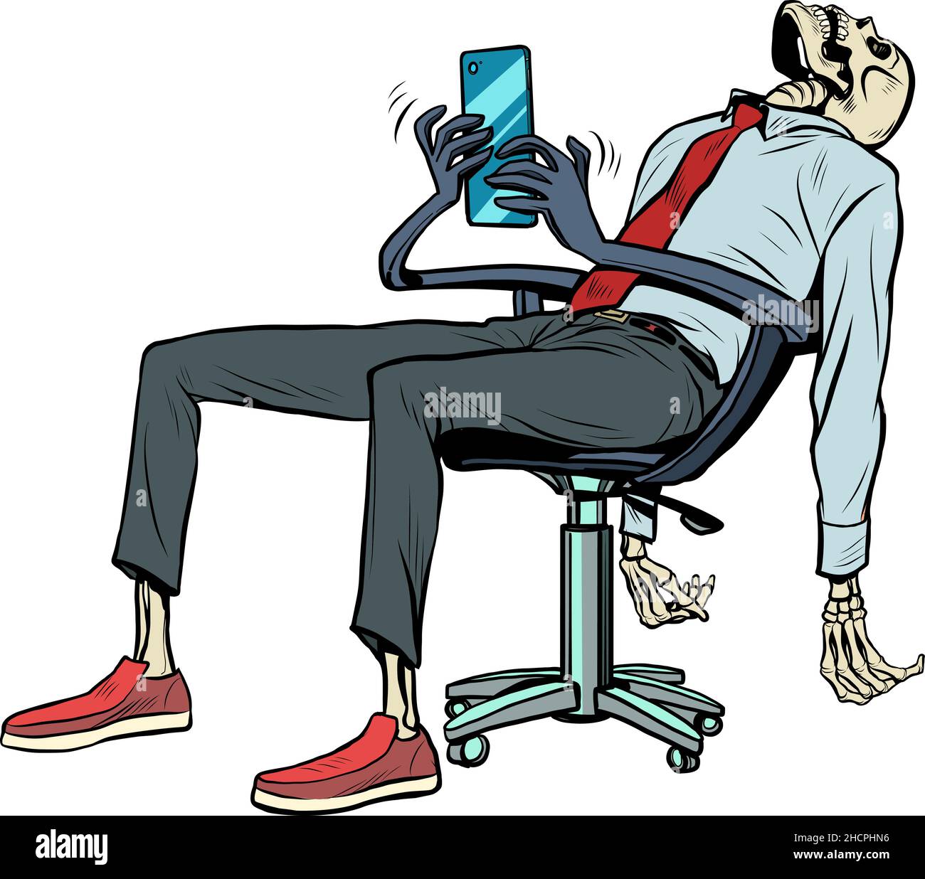 L'uomo d'affari è morto in ufficio, ma la sedia robot continua a lavorare per lui e rispondere ai messaggi nello smartphone Illustrazione Vettoriale