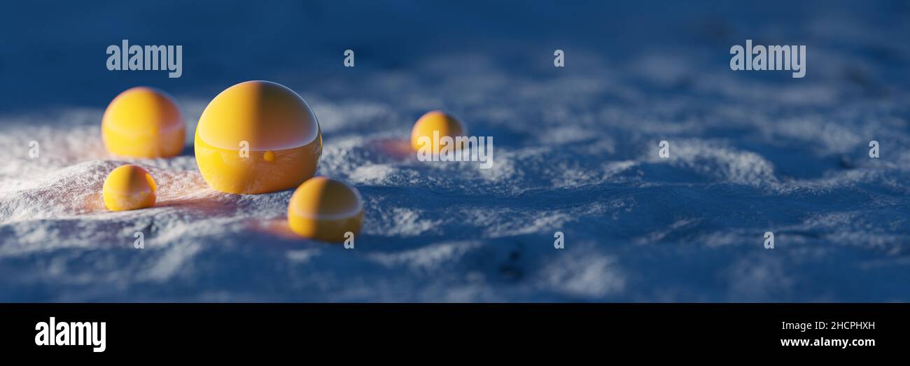 Sfere gialle sulla neve nella notte d'inverno. Sfondo astratto 3D. Profondità di campo poco profonda. 3D rendering. Foto Stock