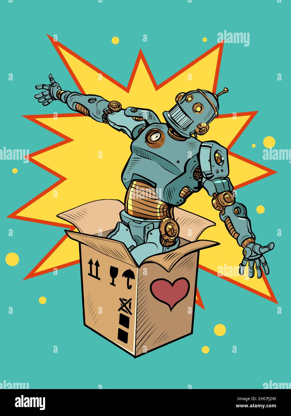 robot meccanico giocattolo scatola san valentino sorpresa saluto, amore romanticismo Illustrazione Vettoriale