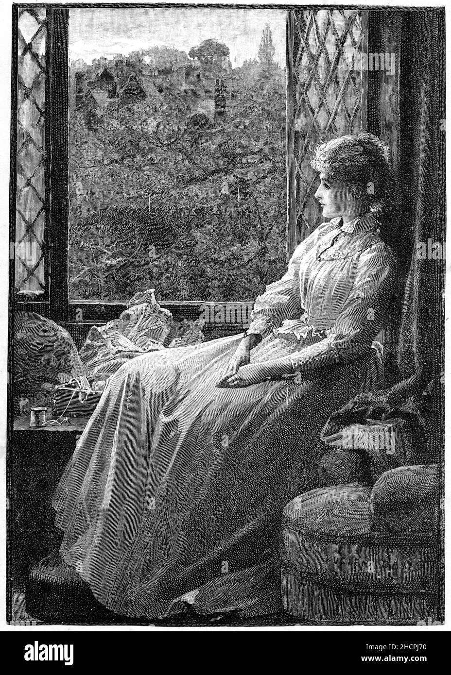 Incisione di una giovane donna seduta tuughfully dalla finestra, pubblicato il 1892 Foto Stock