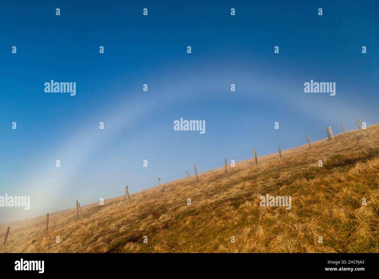 Un arco di nebbia causato dal sole che si riflette nella nuvola bassa Foto Stock