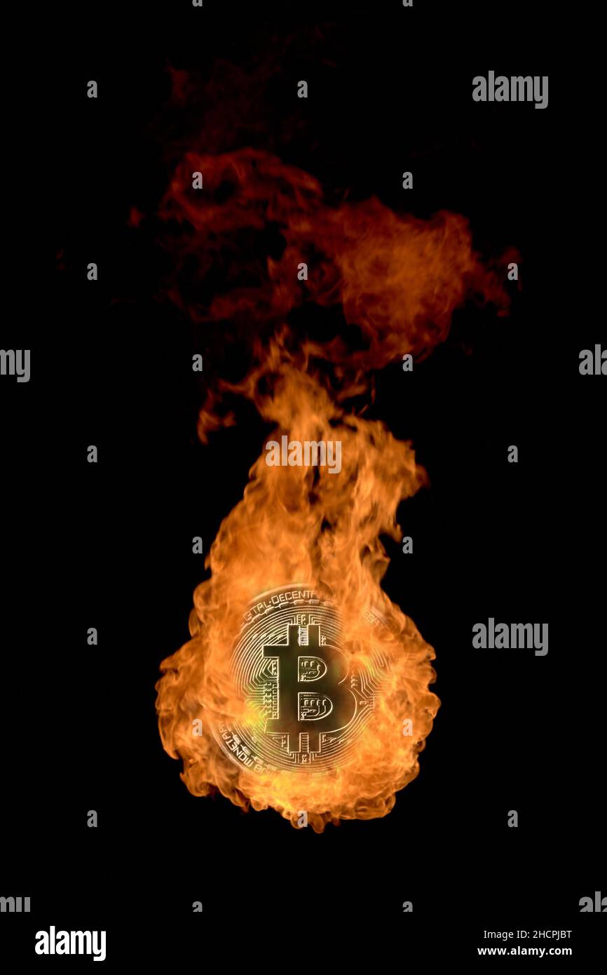 Scatto dello studio di bitcoin dorato sul fuoco isolato su sfondo nero. Concetto di crescita del valore, denaro elettronico, valuta criptata, ricchezza, risparmio Foto Stock