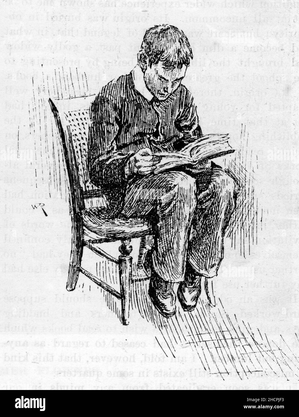 Incisione di un ragazzo che legge un libro, pubblicato nel 1892 Foto Stock