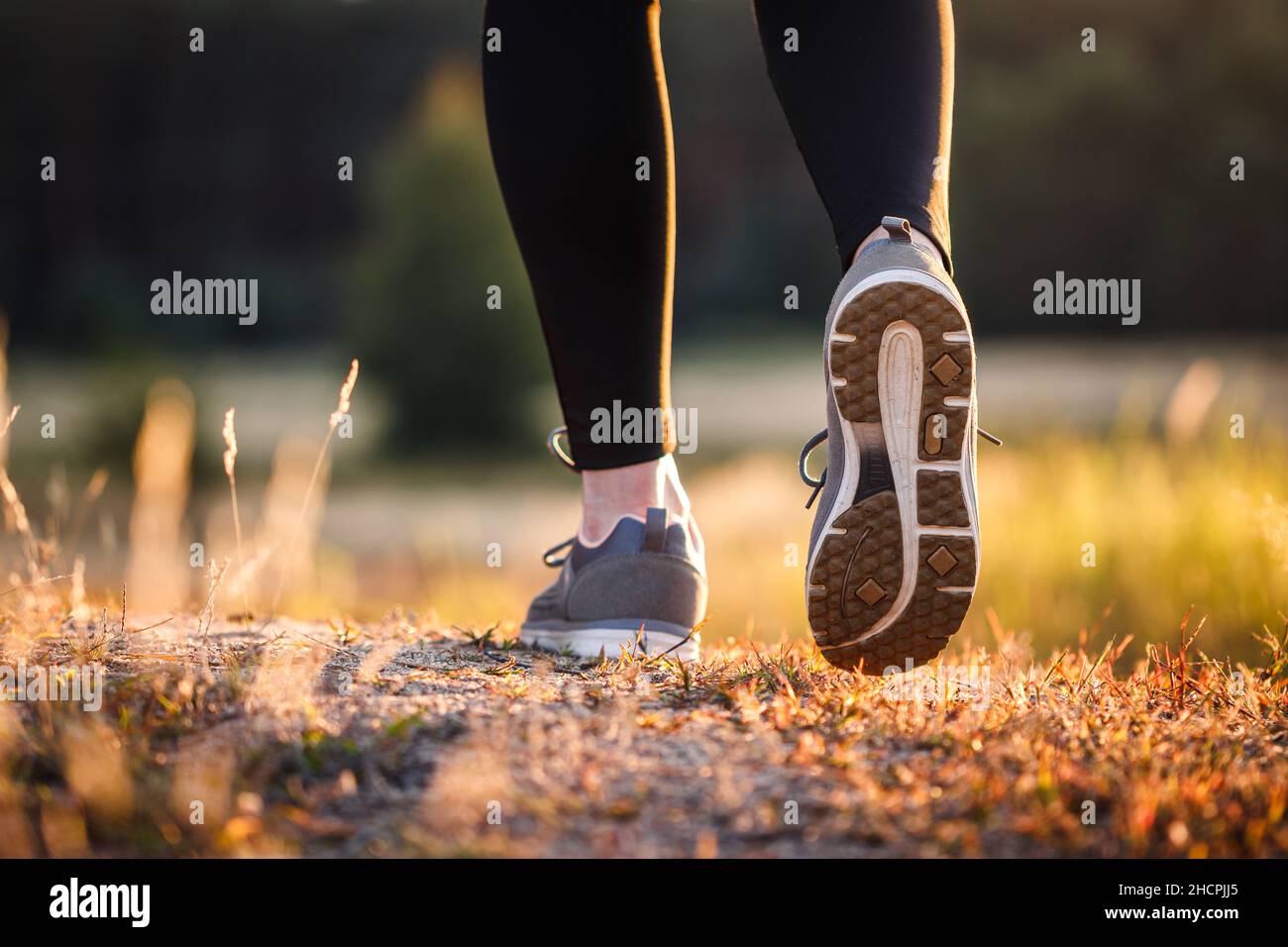 Donna con scarpe sportive e leggings jogging in natura durante il tramonto. Corsa di fondo. Allenamento sportivo e stile di vita attivo Foto Stock