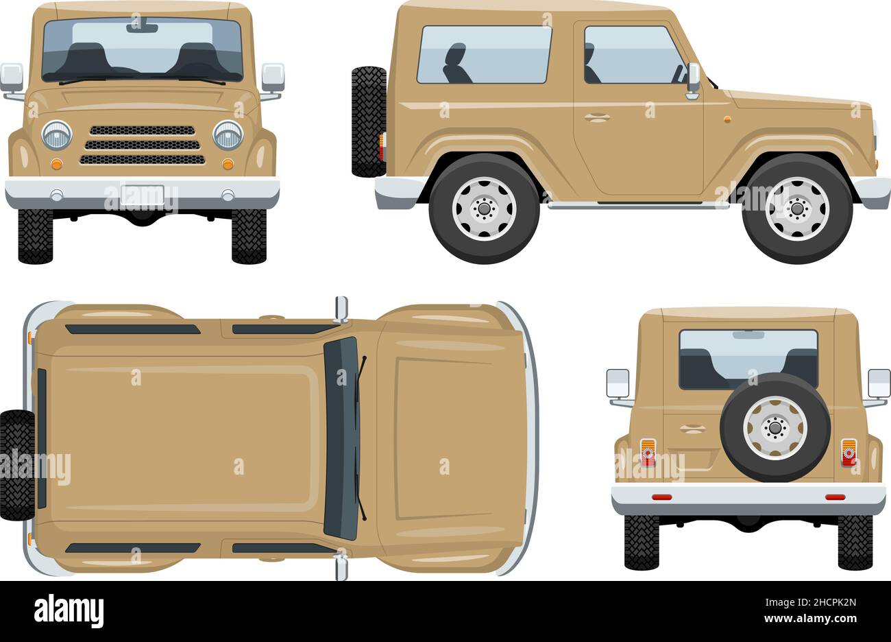 Modello vettoriale auto SUV con colori semplici senza gradienti ed effetti. Vista laterale, anteriore, posteriore e superiore Illustrazione Vettoriale