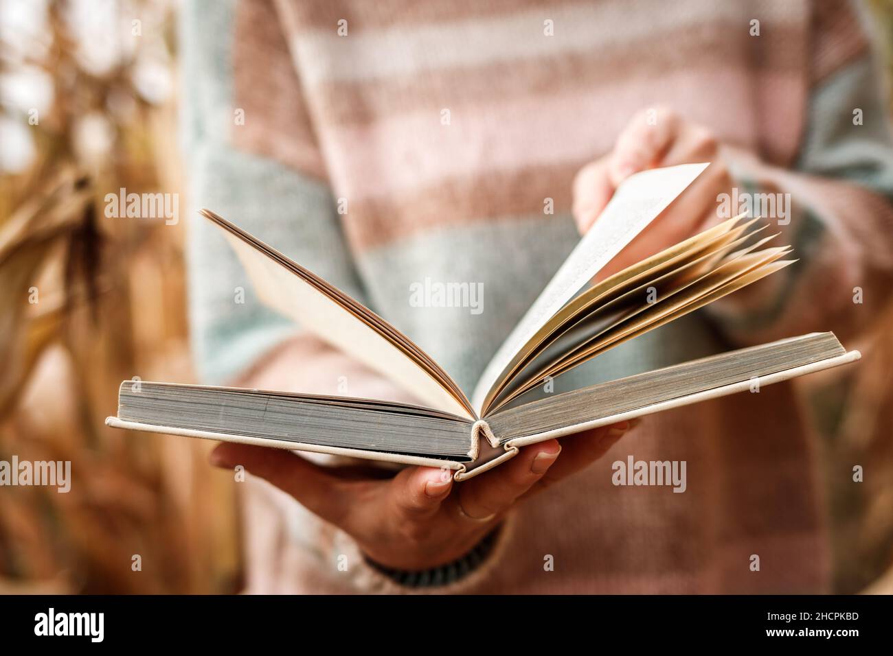 Apri il libro in mano femminile. Donna lettura libro all'aperto Foto Stock