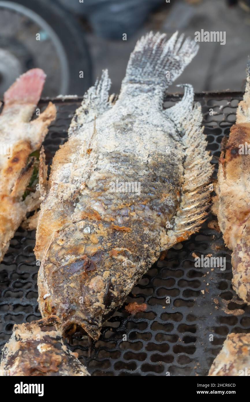 Pesce salato e ripieno in vendita nel nord della Thailandia su una griglia in iopen mercato Foto Stock