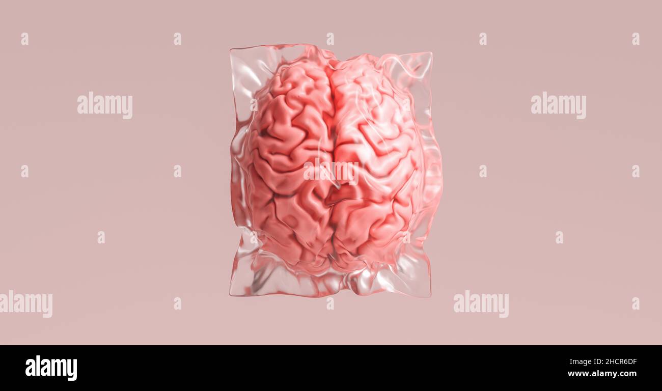 Cervello umano avvolto in pellicola termoretraibile come un'immagine di concetto medica e di spreco di plastica Foto Stock