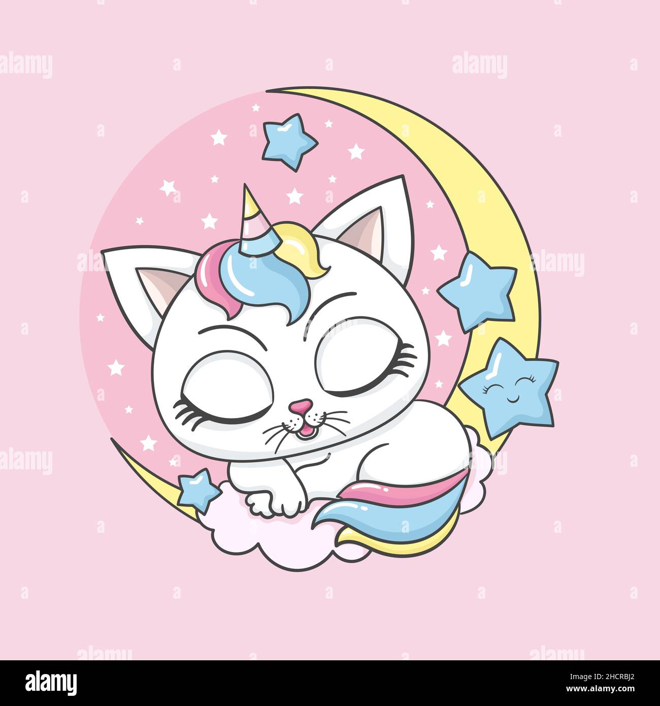 Bianco, cartoon kitten unicorn dorme sulla luna. Vettore Illustrazione Vettoriale