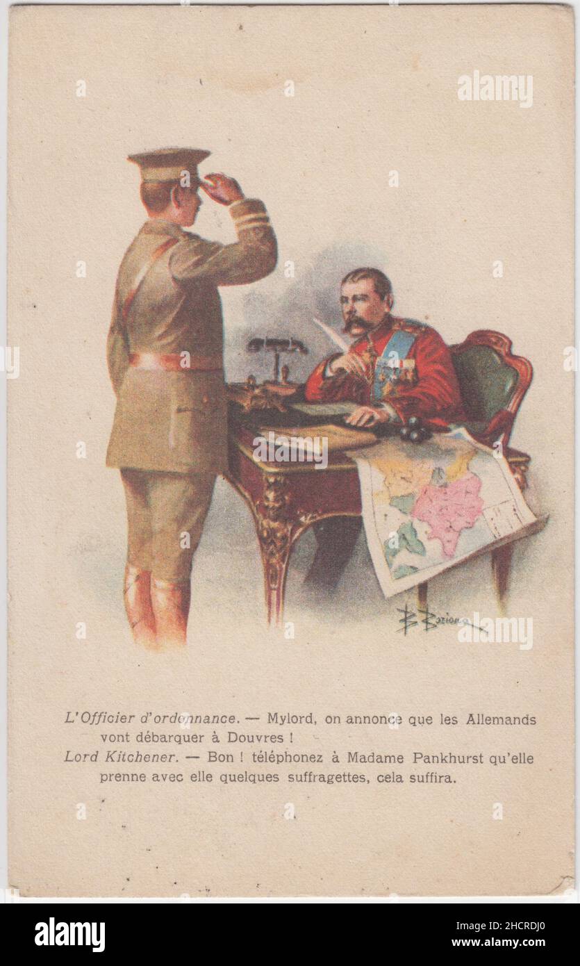 Prima guerra mondiale cartoon francese che mostra Lord Kitchener mobilizzazione Emmeline Pankhurst & the suffragettes per respingere un'invasione tedesca a dover, pubblicato come parte della serie 'la Guerre Ironique' a Parigi ('l'Officier d'ordonnance.- Mylord, su annonce que les Allemands vont debarquer a Douvres! Lord Kitchener.- Bon! Telephonez a Madame Pankhurst qu'elle prenne avec elle quelques suffragettes, cela suffira' / ufficiale ordinato - Mio signore, i tedeschi sono stati annunciati per sbarcare a dover! Signore Kitchener bene! Chiama Madame Pankhurst per portare con sé alcuni suffragisti, sarà sufficiente) Foto Stock