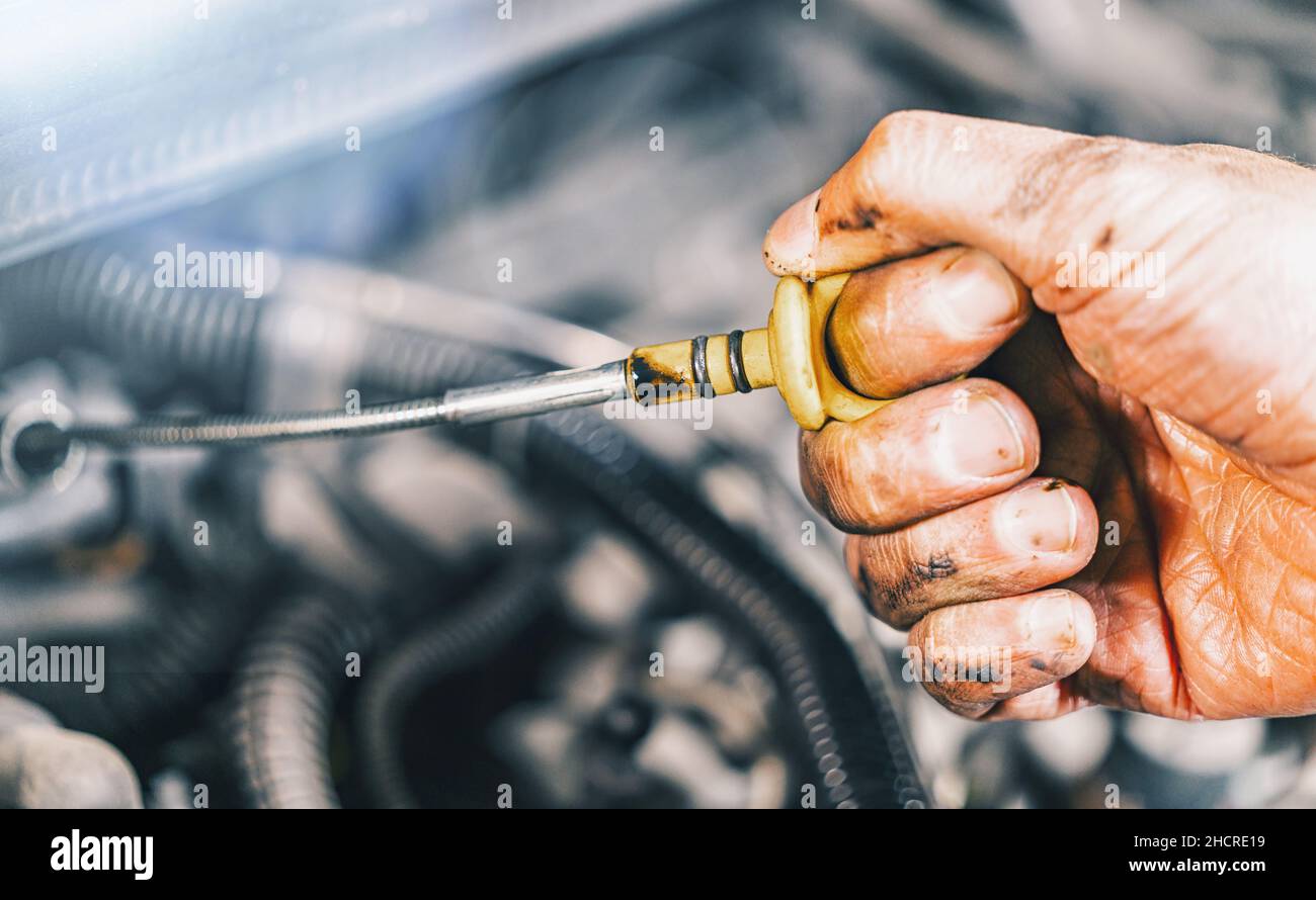 Meccanico che ripara la vettura con cofano aperto, vista laterale del meccanico che controlla il livello dell'olio motore in una vettura con cofano aperto Foto Stock