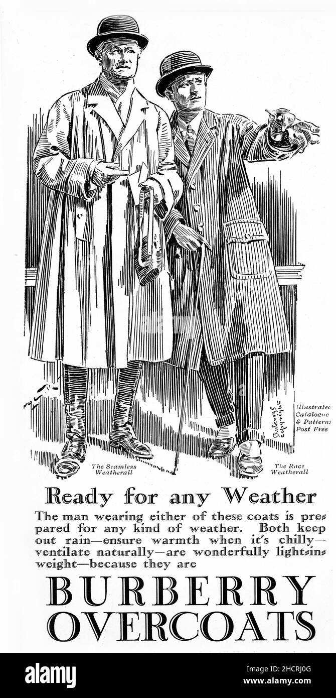 Incisione di pubblicità per cappotti Burberry, con due signori inglesi ben vestiti in una gita, circa 1920 Foto Stock