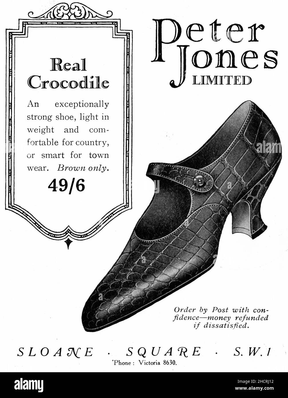 Incisione di pubblicità per scarpe in pelle di coccodrillo vendute a Londra, circa 1925 Foto Stock