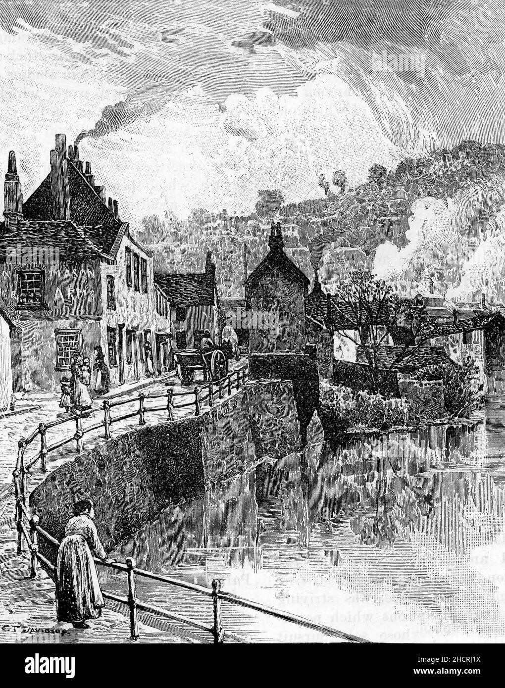 Incisione della città vecchia di Bath dal ponte, Inghilterra, circa 18992 Foto Stock