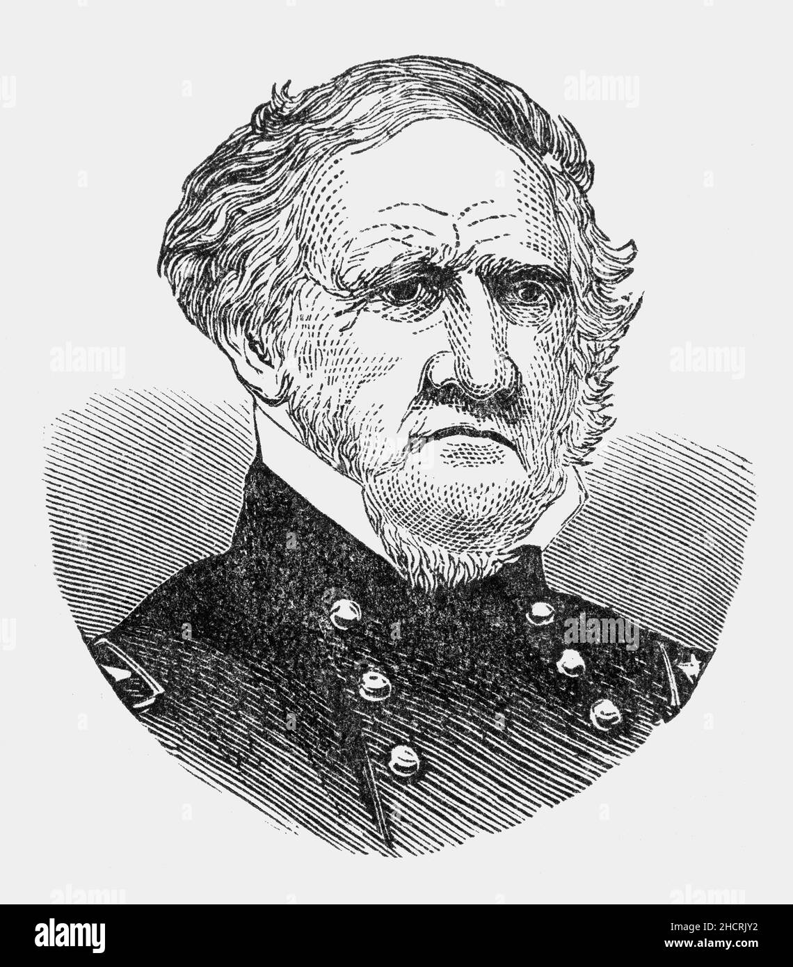 Un ritratto di Winfield Scott (1786-1866), un comandante militare e candidato politico americano della fine del 19th secolo. Fu generale nell'esercito degli Stati Uniti dal 1814 al 1861, partecipando alla Guerra del 1812, alla Guerra Messicano-americana, alle prime fasi della Guerra civile americana e ai conflitti con i nativi americani. Scott era il candidato presidenziale del Whig Party alle elezioni del 1852, ma fu sconfitto dal democratico Franklin Pierce. Era conosciuto come Old Fuss e Feathers per la sua insistenza su una corretta etichetta militare. Foto Stock