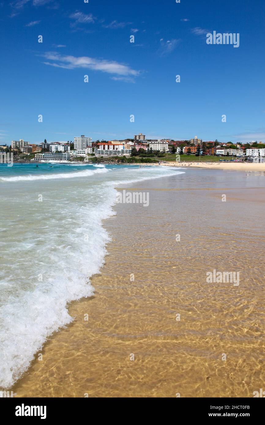 Bondi Beach è una delle spiagge più famose del mondo. Ad una breve gita dal CBD di Sydney e' molto popolare tra la gente del posto e i turisti. Foto Stock