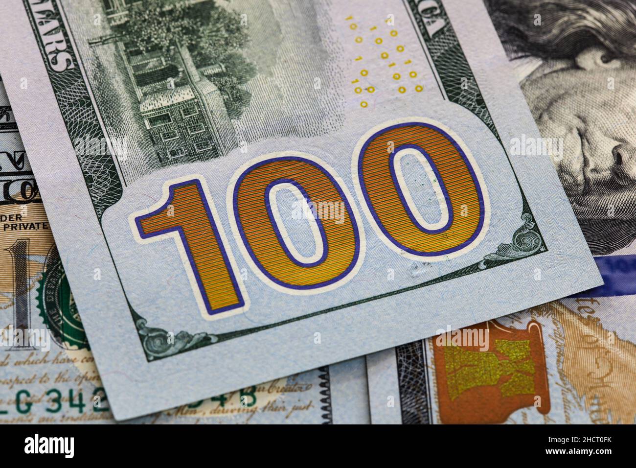 Closeip di un Stati Uniti d'America cento dollari nota - fattura. Dollari USA. Foto Stock