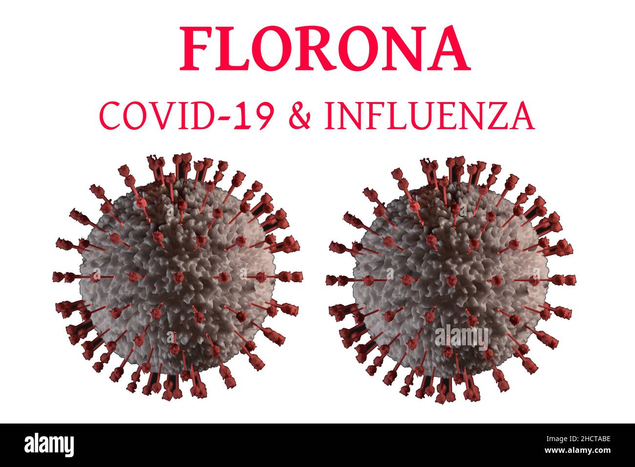 Florona nuovo concetto di variante di mutazione a doppia infezione SARS, con titolo. Illustrazione dell'immagine COVID-19 e del virus dell'influenza su sfondo bianco. Foto Stock