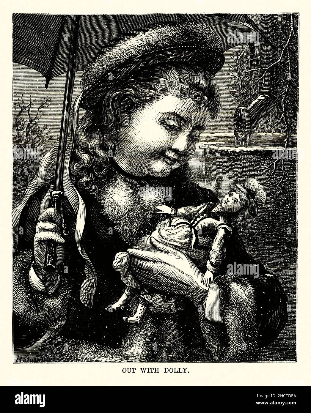Un'illustrazione vittoriana del libro del 1877 che mostra una ragazza 'fuori con bambola'. Il tempo non l’ha messa fuori portando la bambola fuori dal bagnato – grafica del diciannovesimo secolo. Foto Stock Un'illustrazione vittoriana del libro del 1877 che mostra una ragazza 'fuori con bambola'. Il tempo non l’ha messa fuori portando la bambola fuori dal bagnato – grafica del diciannovesimo secolo. Foto Stock