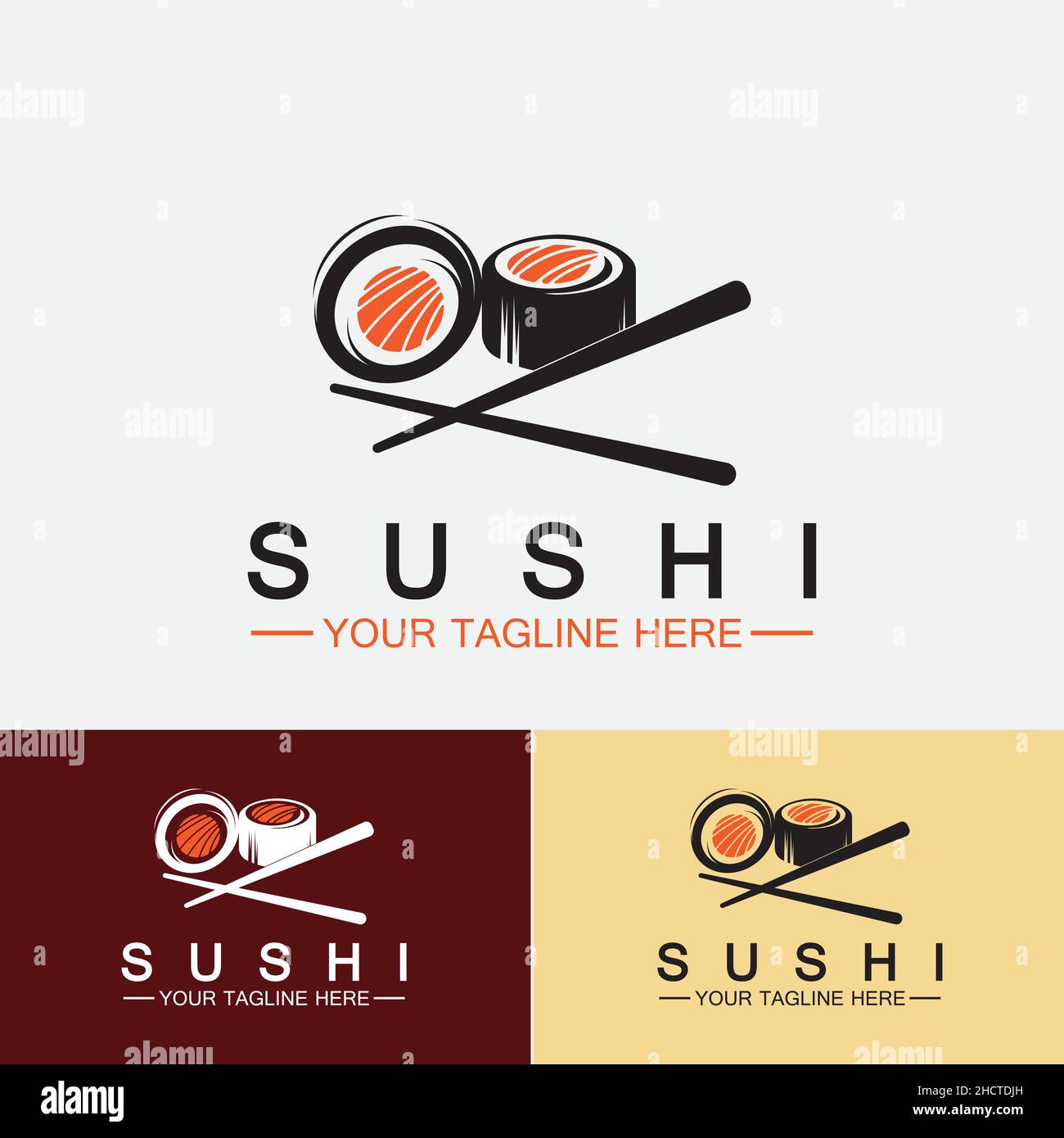 Modello logo sushi.Vector icona stile Illustrazione Bar o Shop, Sushi, Salmon Roll, Sushi e rotoli con barra di chopstick o ristorante vettore logo Illustrazione Vettoriale