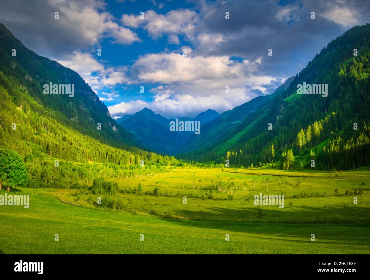 Paesaggio montano panoramico con belle valli e vette di montagna, erba verde, cielo con nuvole. Paesaggio estivo. Verde, blu. Schlamminger tauern, Alpi, Foto Stock