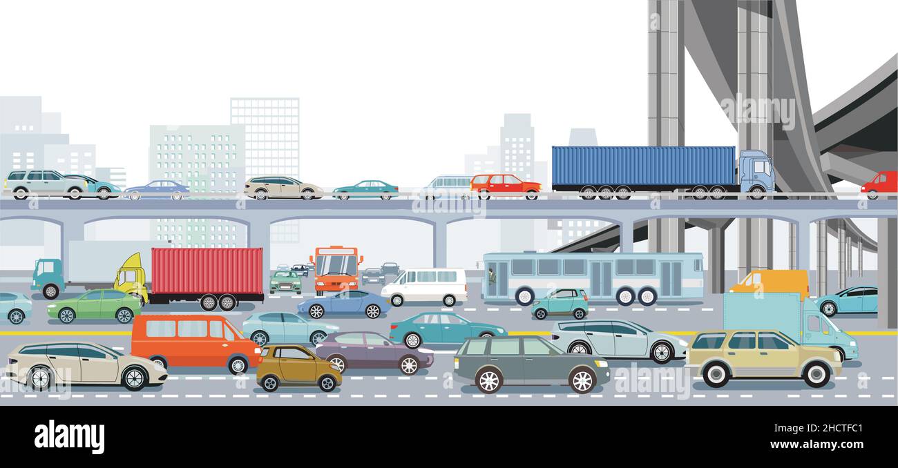 Grande città in un'ora di punta con un incrocio tra traffico e illustrazione dei trasporti pubblici Illustrazione Vettoriale
