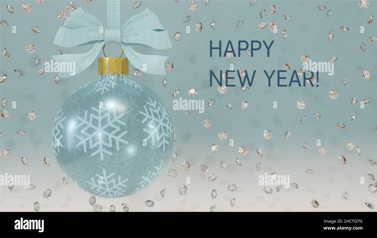 Felice anno nuovo 2022 cartolina con diamanti, spazio per testo, 3D rendering, inglese Foto Stock