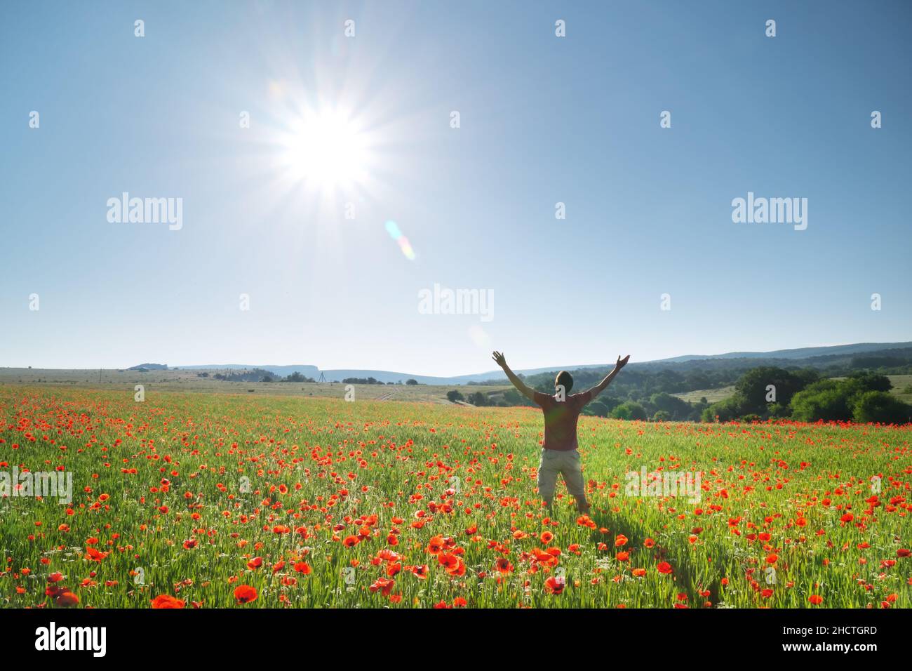 Uomo in primavera prato di papavero raggiungere al sole. Scena religiosa felice ed emotiva. Foto Stock
