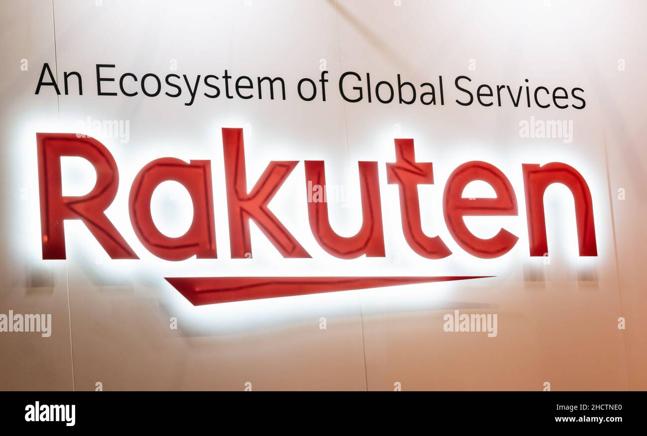 Logo della società RAKUTEN. RAKUTEN è una società giapponese di commercio elettronico e internet con sede a Tokyo. Foto Stock