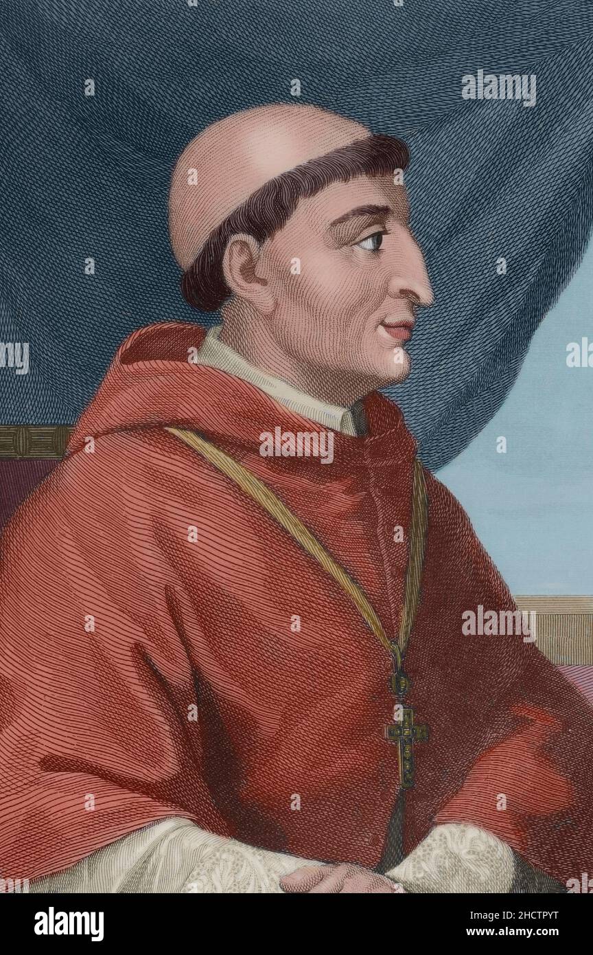 Francisco Jiménez de Cisneros, noto come cardinale Cisneros (1436-1517). Cardinale, arcivescovo di Toledo, Primate di Spagna e 3rd Inquisitore Generale di Castiglia. Verticale. Incisione di Antonio Roca Sallent. Successiva colorazione. Las Glorias Nacionales, 1853. Foto Stock