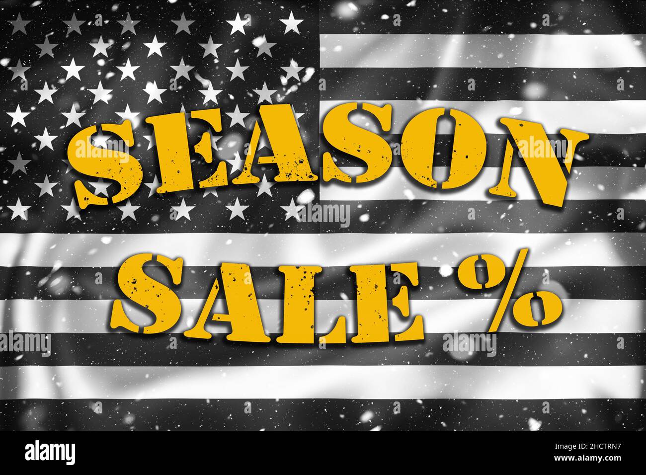 Illustrazione banner vendita stagione su bandiera USA in bianco e nero, sovrapposizione neve Foto Stock Illustrazione banner vendita stagione su bandiera USA in bianco e nero, sovrapposizione neve Foto Stock