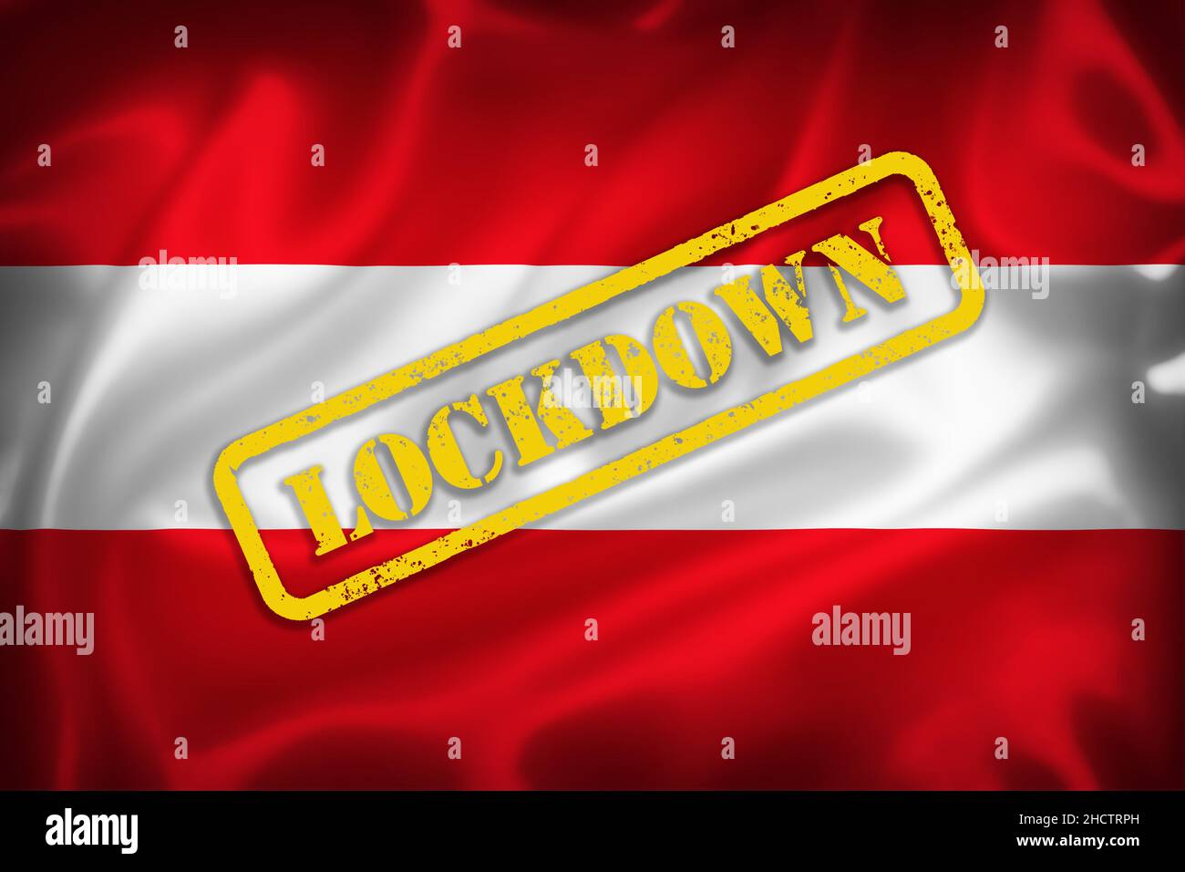 Austria illustrazione della bandiera con testo di blocco, illustrazione della pandemia di Covid-19 in Europa. Foto Stock