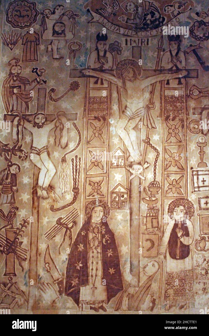 Tessile peruviano - Gesù in croce al Calvario Foto Stock