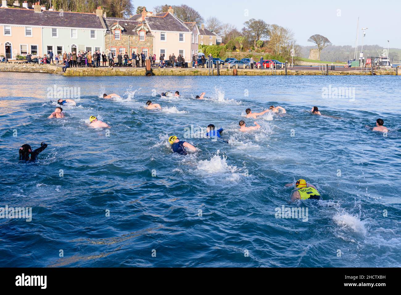 01/01/2022 i nuotatori nuotano attraverso il porto di Strangford durante l'annuale nuotata in acqua fredda il giorno di Capodanno, Strangford, Irlanda del Nord Foto Stock