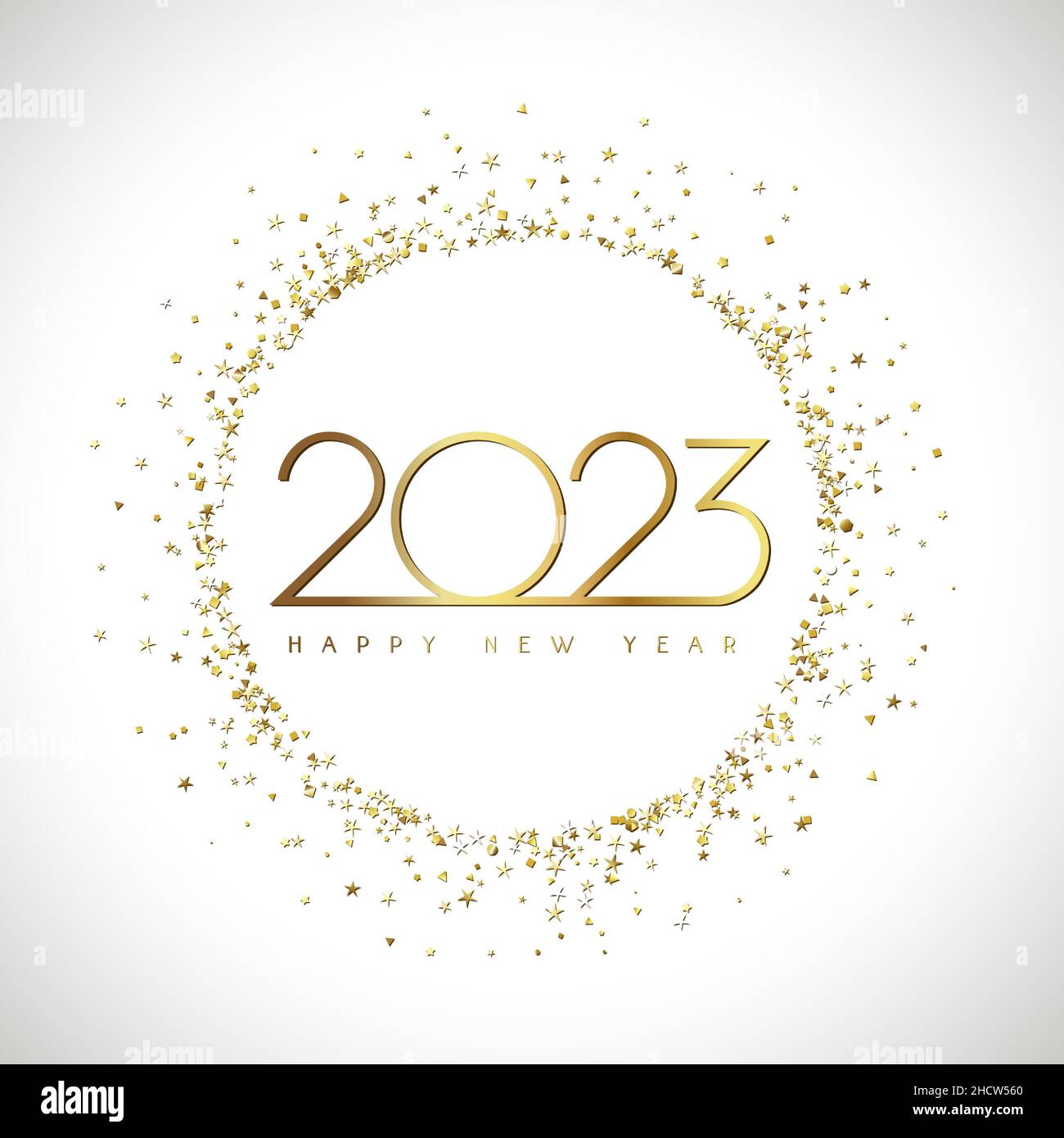 Un felice anno nuovo 2023 simbolo. Bianco bg. Icona o pulsante Web. Concetto di logotipo rotondo. Modello grafico astratto isolato. Deco creativo di Natale Illustrazione Vettoriale