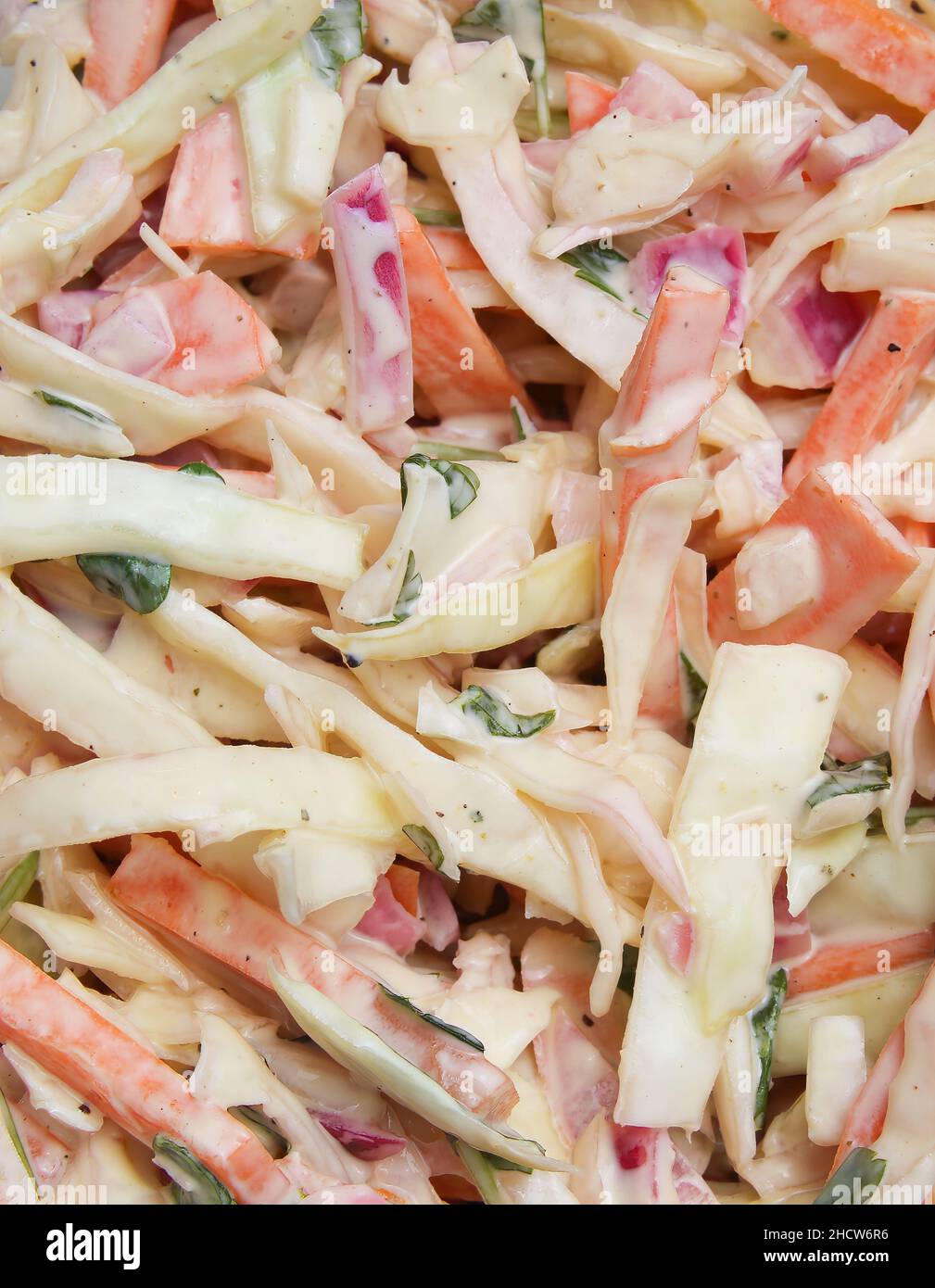 Closeup a telaio pieno di cavolo isolato di cole fatto di cavolo crudo bianco, cipolle rosse, carote, prezzemolo verde e salsa di maionese Foto Stock