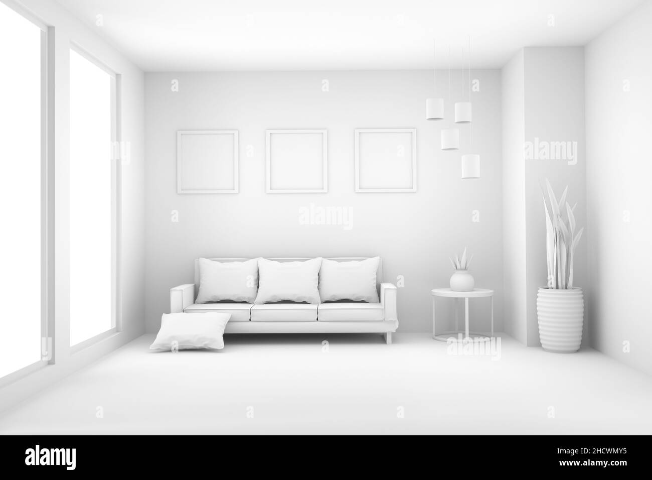 Soggiorno bianco in interni scandinavi in 3D rendering Foto Stock