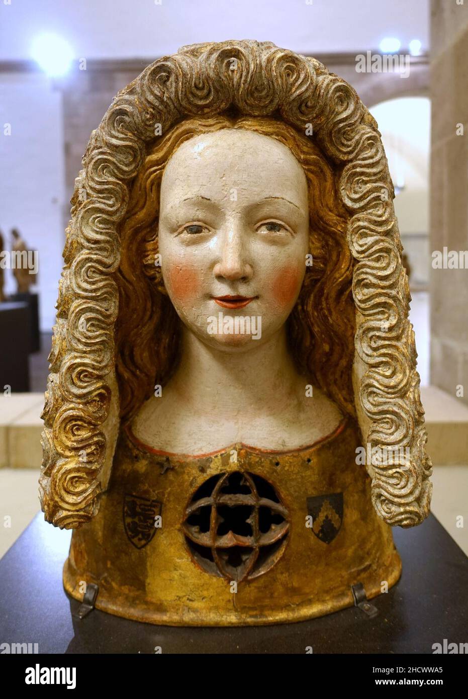 Busto reliquiario con Veil di Kruseler, Colonia, c.. 1350, noce, policromo Foto Stock