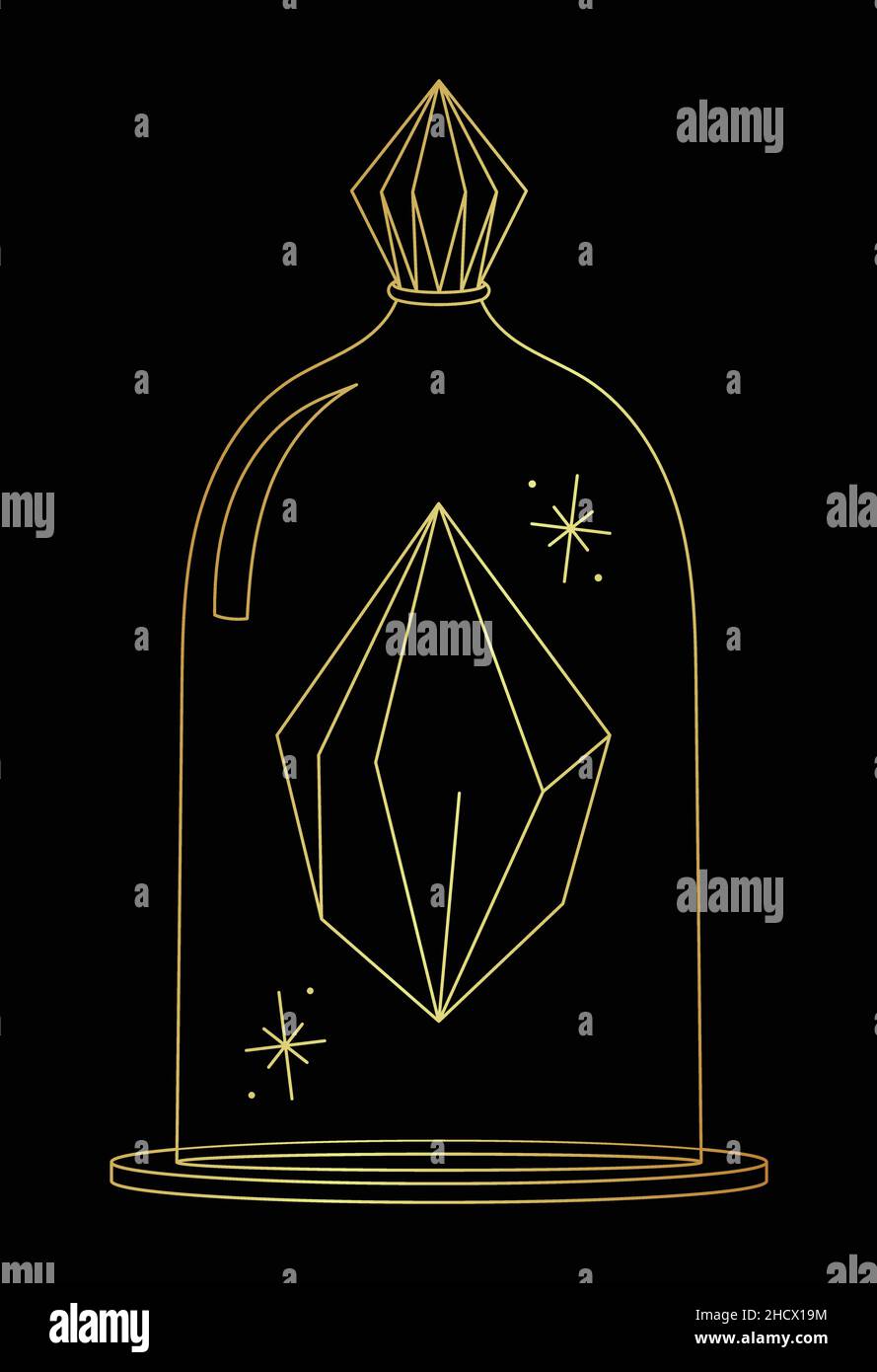 Il linearit d'oro vettoriale disegna il cristallo di quarzo in una cupola di vetro su nero Illustrazione Vettoriale
