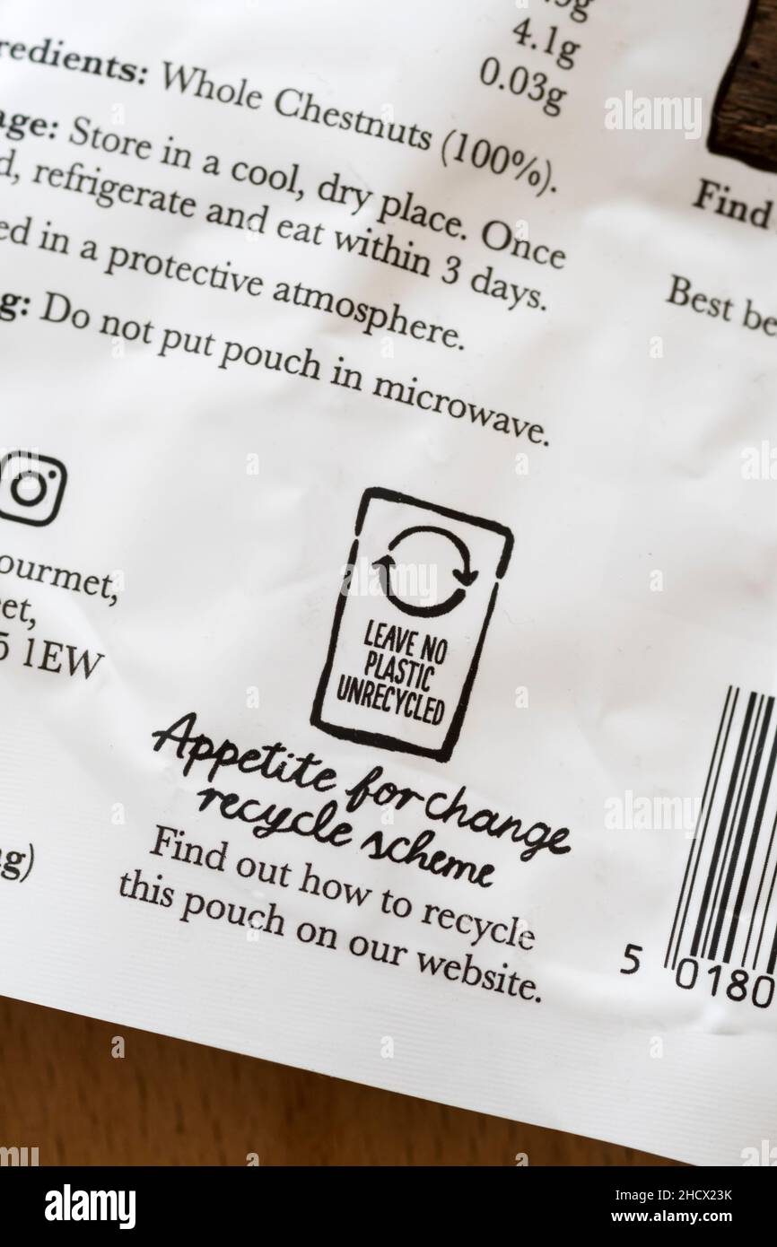 Il logo del programma di riciclaggio Appetite for Change su una confezione di alimenti in plastica. Foto Stock