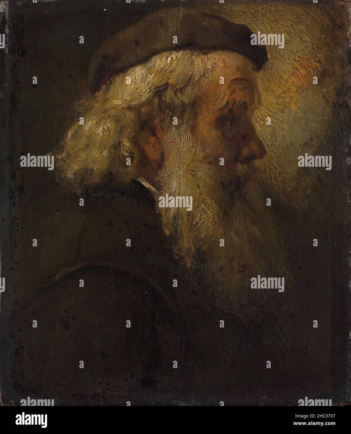 Rembrandt - Capo di un vecchio barbuto in beretto, visto di profilo. Foto Stock