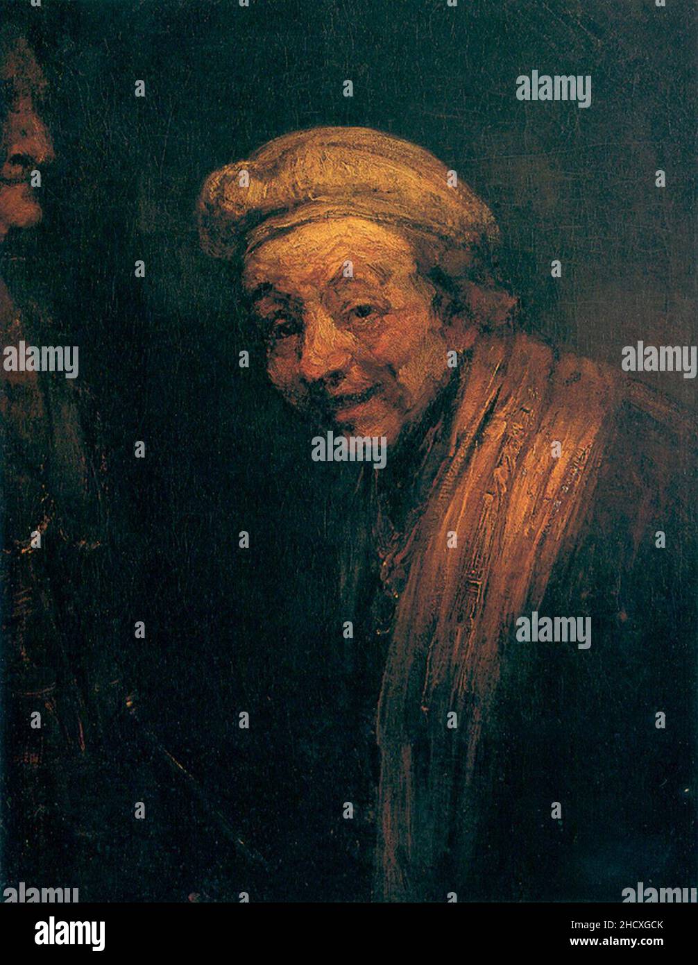 Rembrandt autoritratto come il Laughing Zeuxis mentre dipinse una vecchia donna. Foto Stock