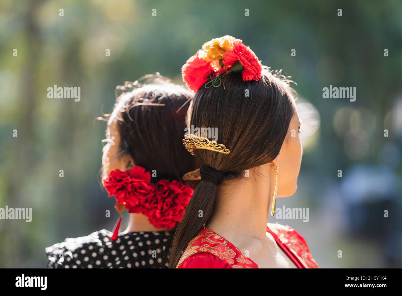 Vista ravvicinata della testa di due donne in costume tradizionale flamenco Foto Stock